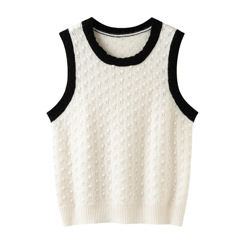 秋冬100%纯羊毛马甲女时尚圆领镂空拼色坎肩宽松叠穿无袖马夹BMJ