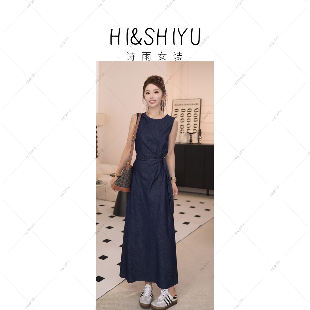 HISHIYU【松弛舞曲】2025夏季扭结系带薄牛仔连衣裙5058