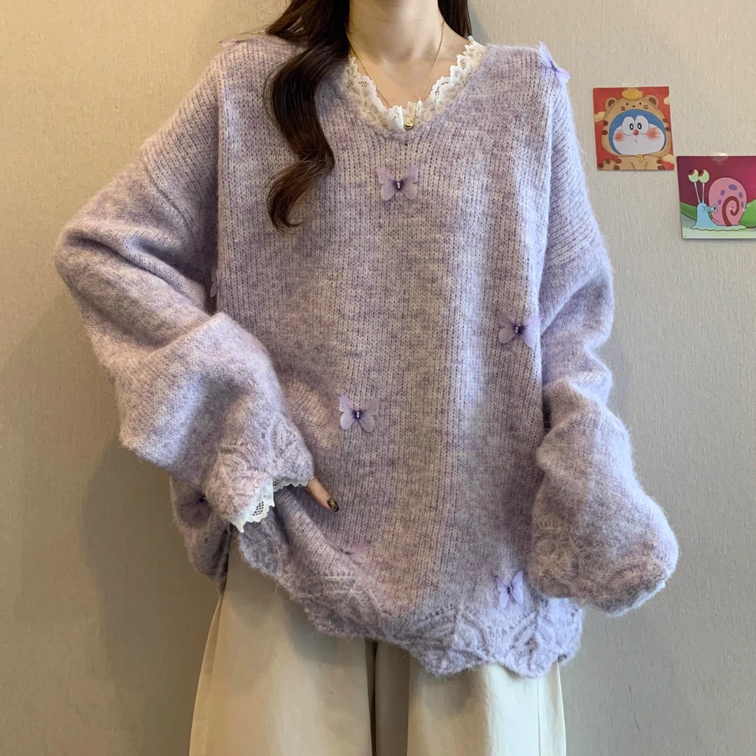【漫紫花边】秋冬大码法式蕾丝拼接蝴蝶结V领毛衣女装针织上衣D1233