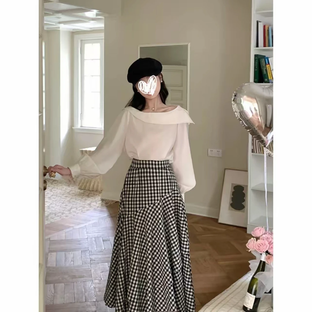 斜肩两穿设计感衬衫女2025早秋新款黑白格纹不规则花边半裙套装潮
