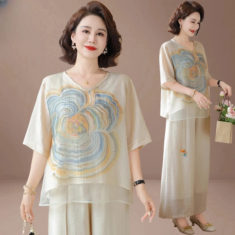 妈妈装夏季套装洋气2025新款大码中老年女宽松气质上衣T恤两件套