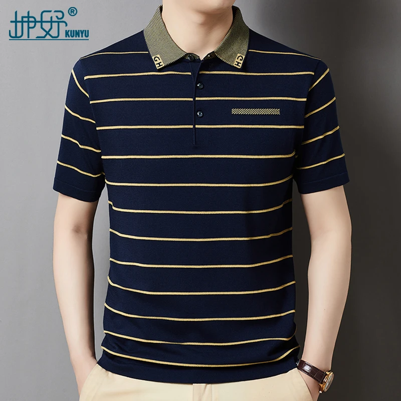 坤妤夏季新款短袖男士T恤条纹翻领薄款宽松型中老年半袖凉感男T恤