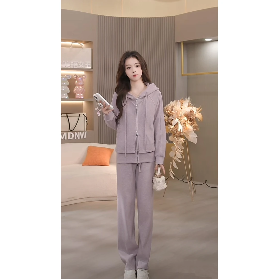 【洋气减龄】百搭时尚套装女新款连帽长袖外套阔腿裤两件套TZ1978