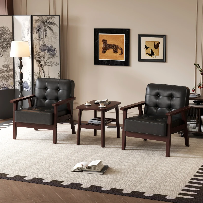 皮艺沙发小户型北欧复古简约实木单人沙发椅客厅沙发两椅一桌组合
