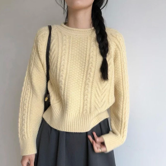 重工麻花套头毛衣女秋冬宽松慵懒风高级感复古针织衫软糯韩系上衣