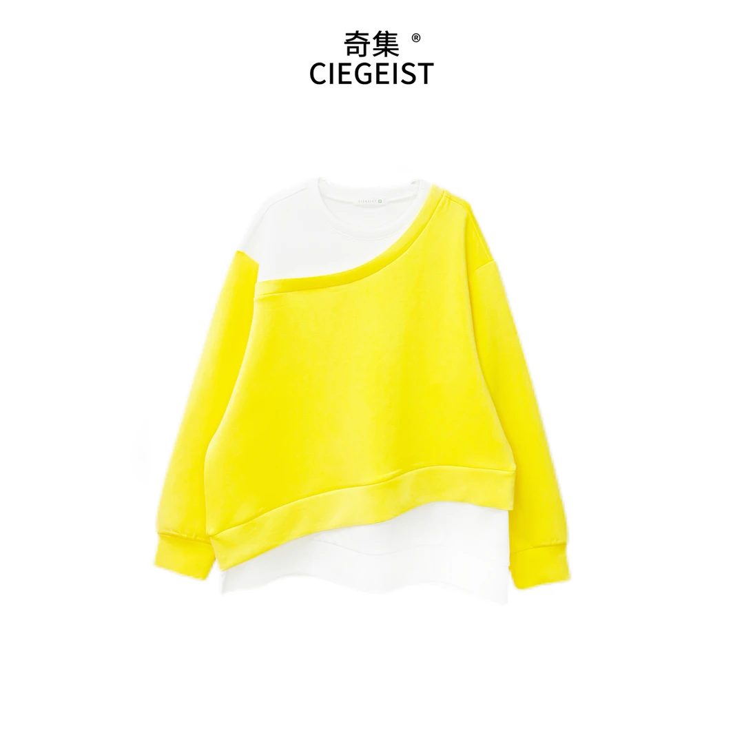 有米2025春装新款不规则拼接宽松长袖卫衣休闲时尚拼色假两件2086