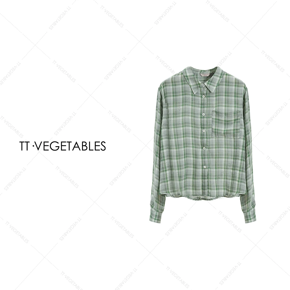 噢芬/小个子 【绿格】纯棉衬衫秋冬上衣长袖格子衬衫525603