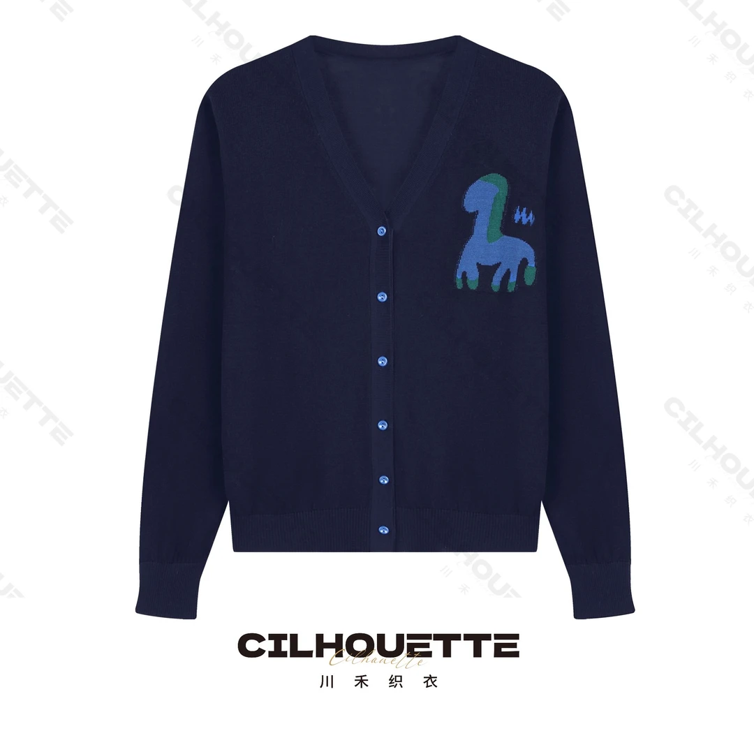 川禾织衣  初秋可爱小马手绘提花圆领开衫长袖100兰精天丝原创