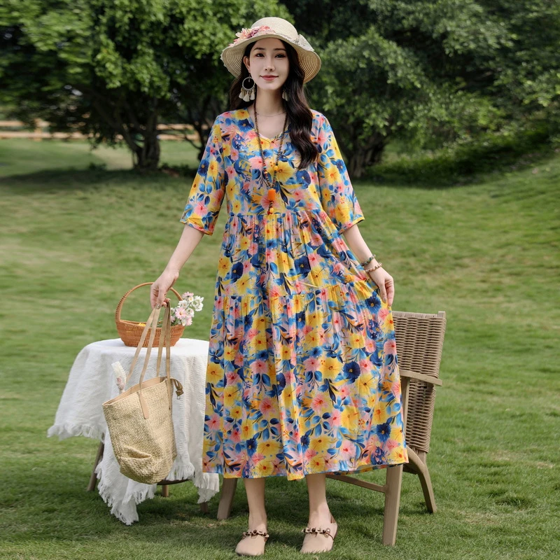 中老年妈妈装连衣裙女夏季新款气质大码宽松遮肚子中袖棉绸长裙