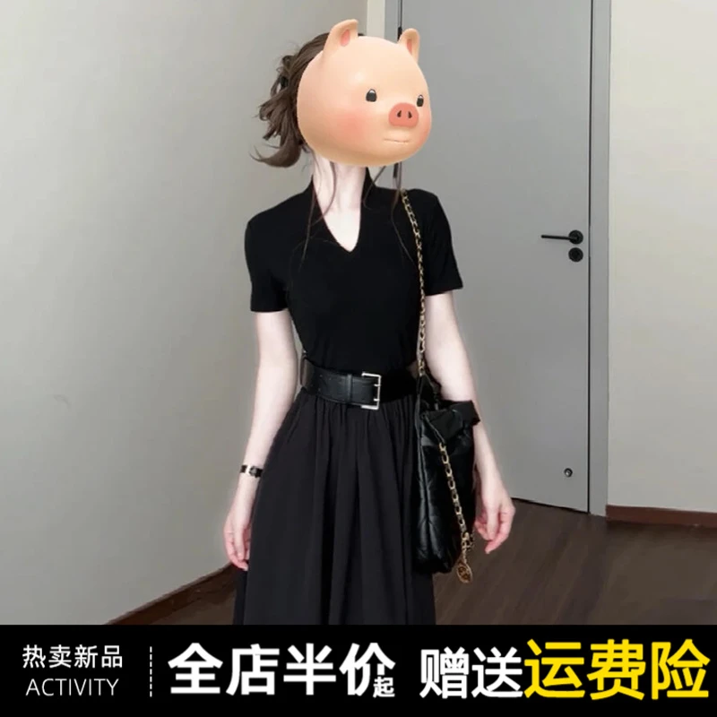 2025新款夏季小个子气质收腰女装长裙法式高级感黑色v领连衣裙子