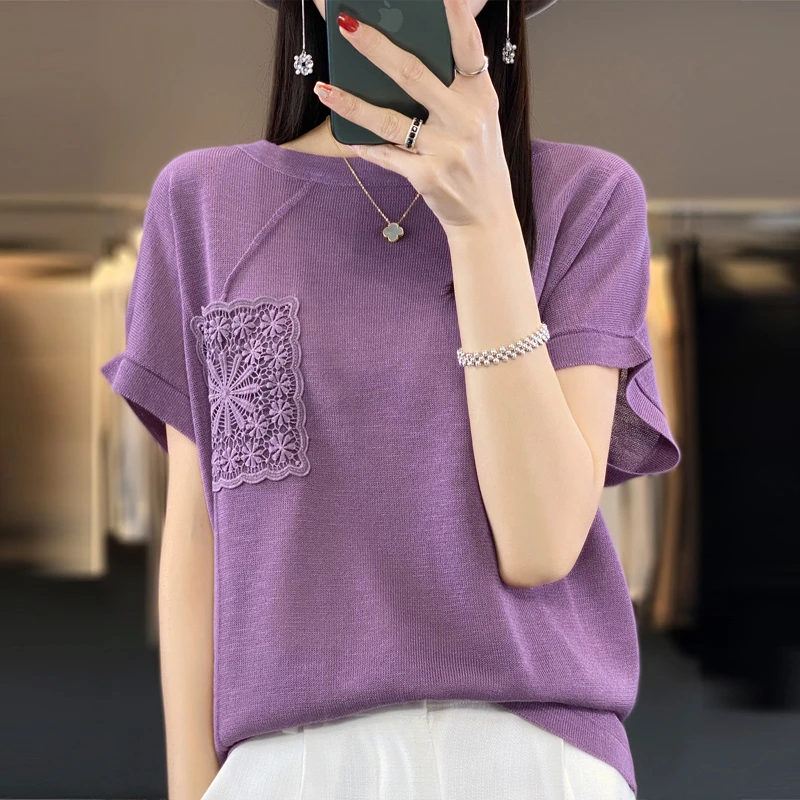 夏款圆领短袖针织衫带兜宽松女