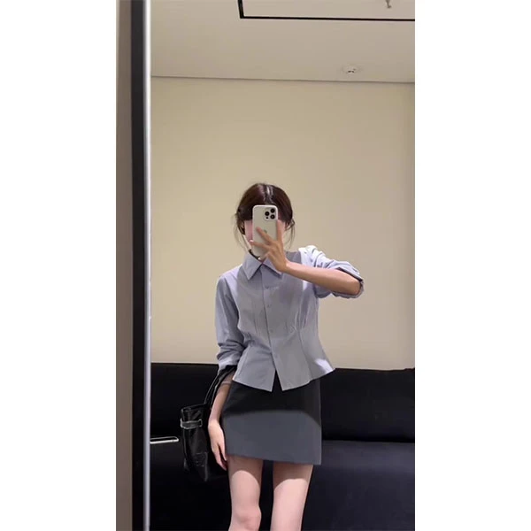 蓝色短袖衬衫女夏新款设计感小众显瘦收腰衬衣上衣+裙子时尚套装