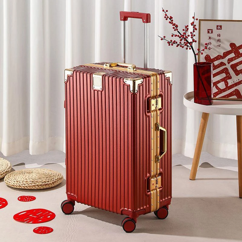 乌鲁木齐发货结婚行李箱红色复古铝框密码箱韩版旅行箱网红潮婚庆