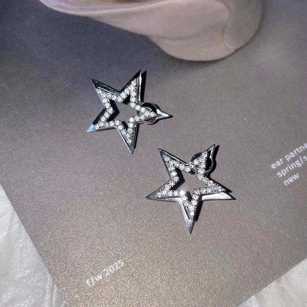 锌合金锆石耳饰 双层星星耳钉女小众设计轻奢高级感耳环2025新款