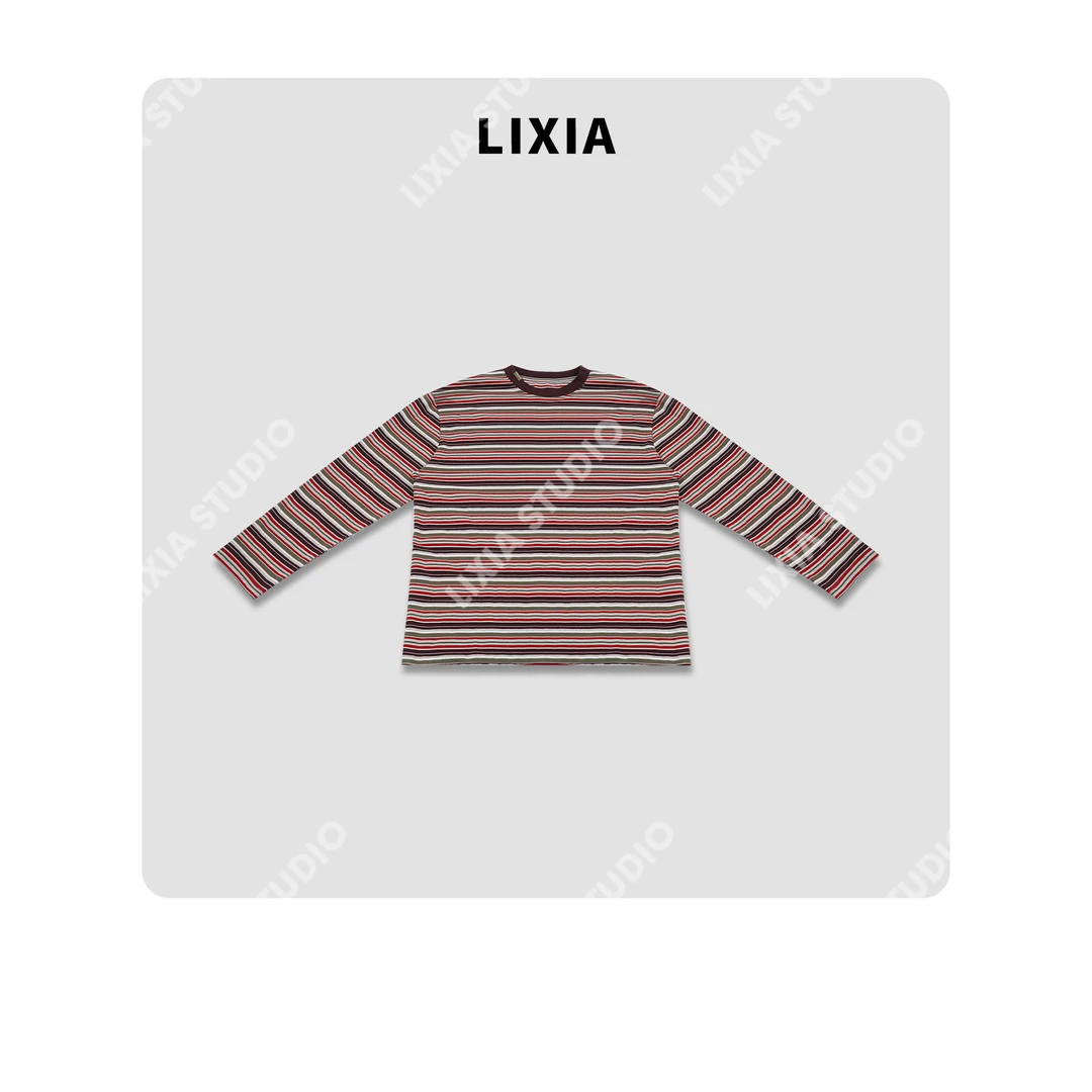 LIXIA【彩虹糖】美式撞色条纹复古层次感长袖圆领T恤-D9562