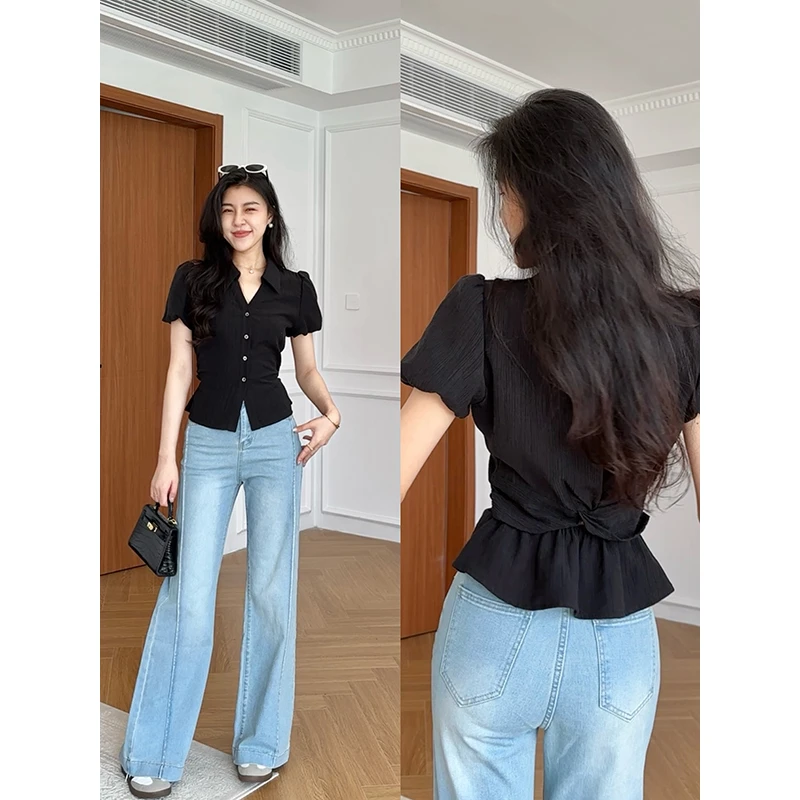 张阿星【素境生活】简约复古收腰V领修身泡泡袖黑色衬衫+薄款微喇裤