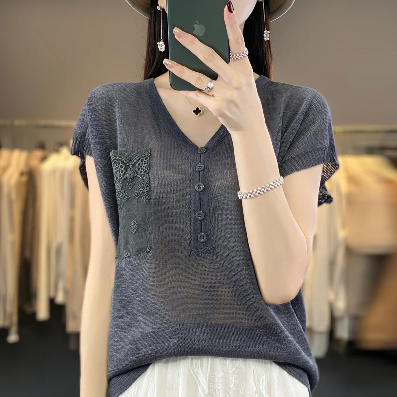 【简约大气】竹节麻钩花设计V领短袖夏季宽松显瘦清凉垂顺百搭大码
