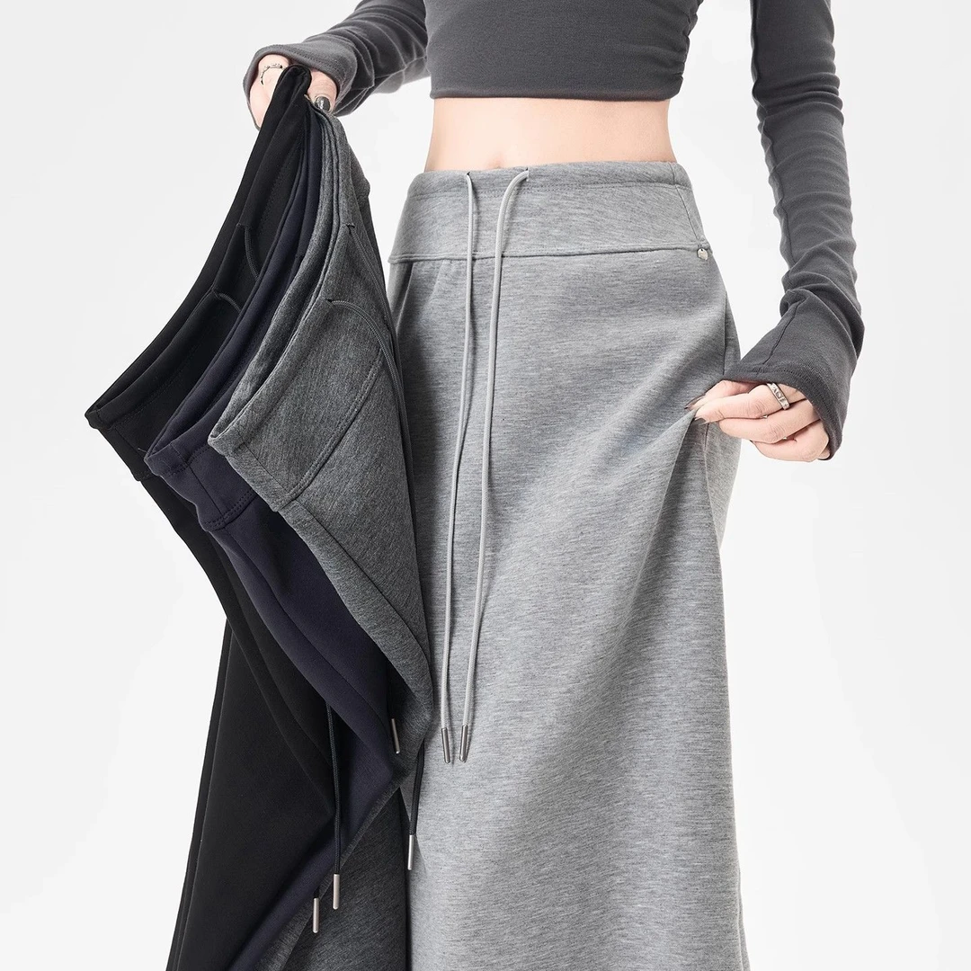 松紧腰抽绳灰色运动半身裙女秋季遮胯显瘦直筒后开叉休闲a字长裙
