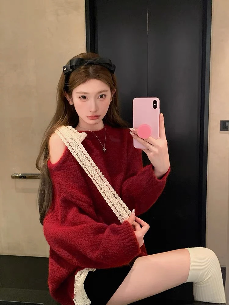 法式蕾丝蝴蝶结系带毛衣女秋冬季温柔风宽松针织衫洋气减龄打底衫