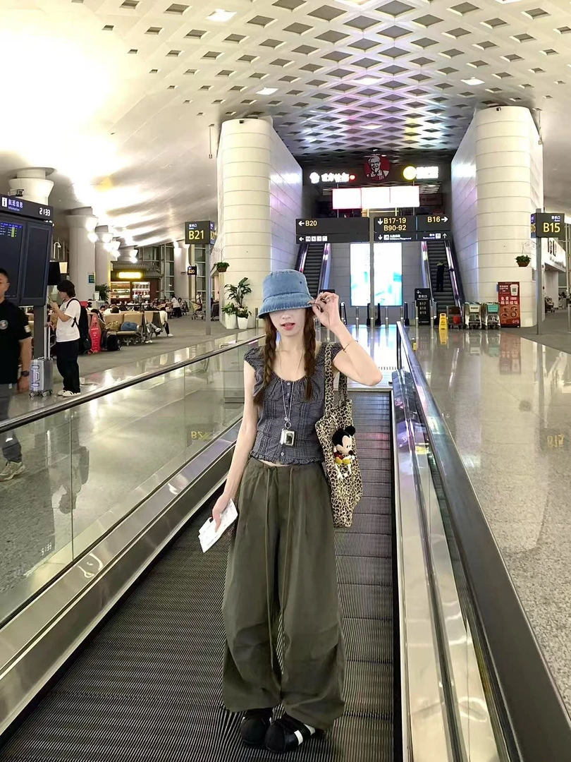 2025夏季新款韩系减龄方领格纹修身短袖衬衫阔腿工装裤两件套装