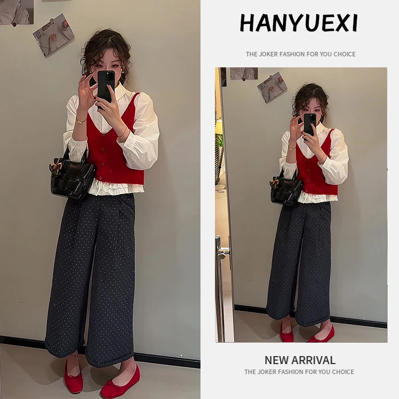 秋季一整套女装2025年新款韩版休闲吊带背心长袖衬衫休闲裤三件套