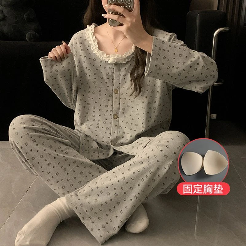 德绒睡衣女秋冬季长袖带胸垫开衫超厚保暖网红风可外穿家居服套装