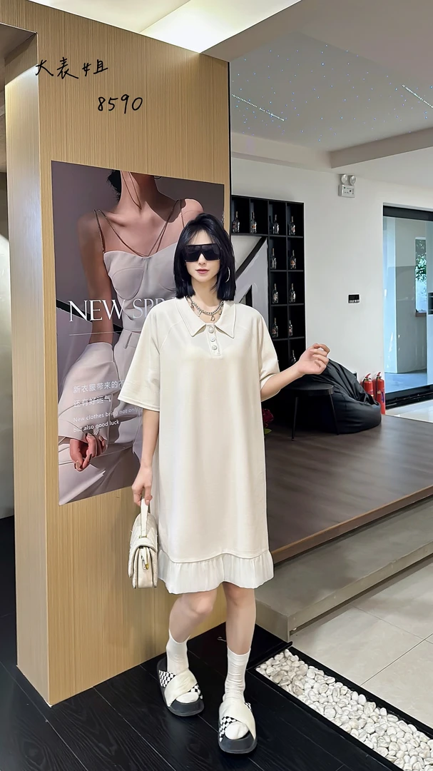 8590欧货大码女装夏季新款时尚宽松简约polo领褶皱连衣裙遮肉洋气