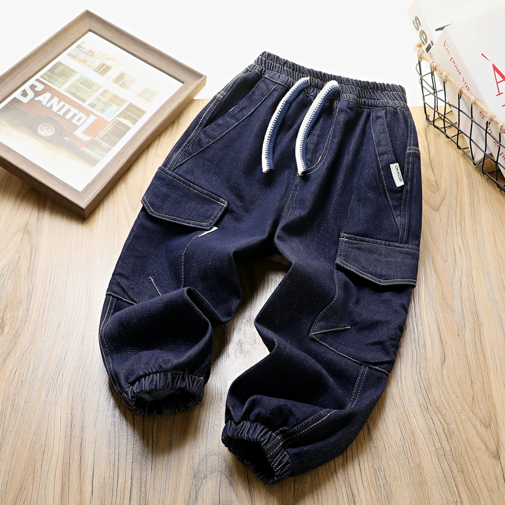 春秋款儿童牛仔裤工装长裤童装男童休闲裤宽松裤子松紧洋气中大童
