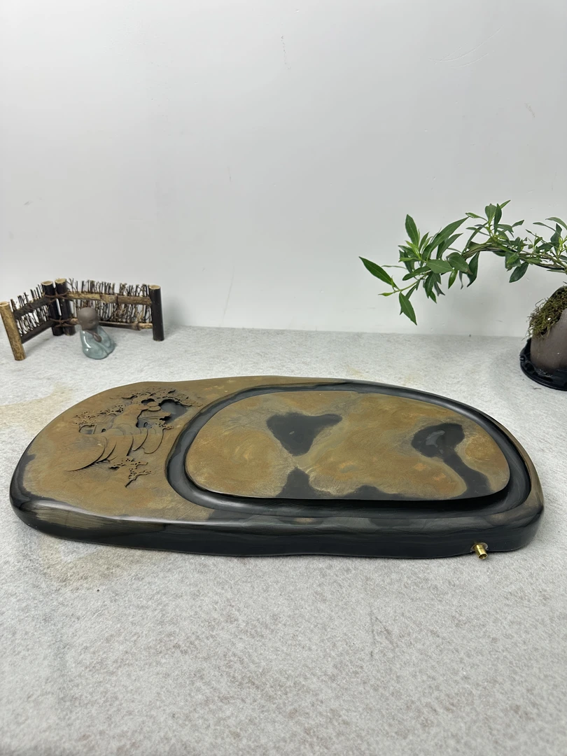 大号精品原石歙砚茶盘山水雕刻适合客厅办公室使用