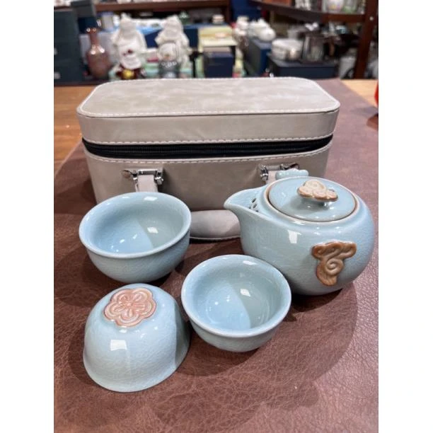 470天青手抓壶开片小套装一壶三杯旅行茶具