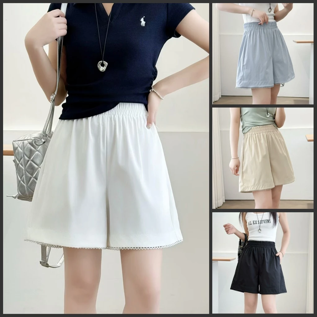 梦冬佳--115-200斤大码女装胖mm夏季百搭纯色小花边松紧腰短裤子