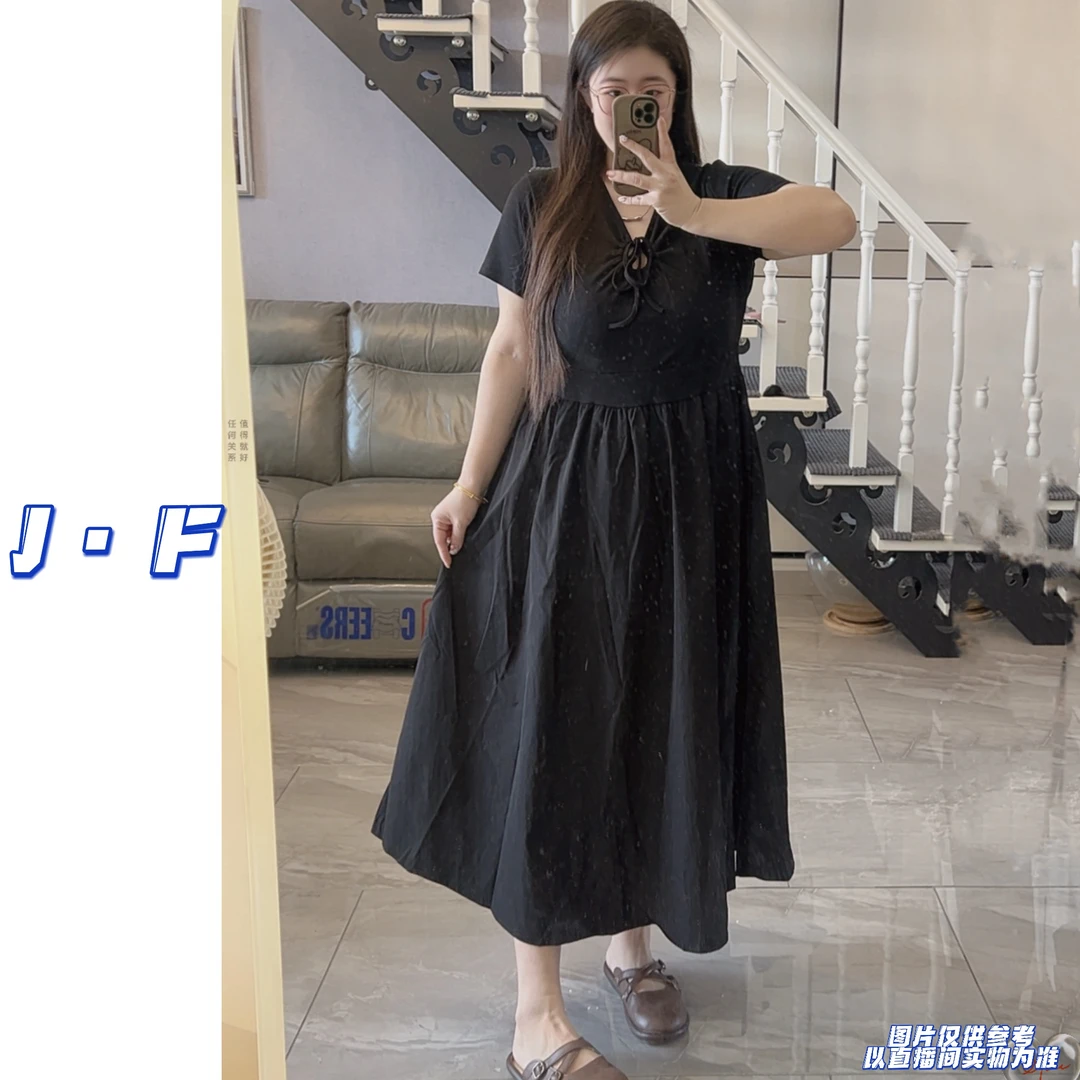 JF定制大码女装6505赫本风拼接收腰系绳显瘦连衣裙