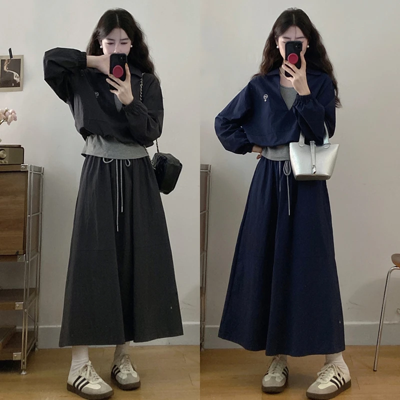 大码胖mm秋季新款假两件工装上衣半身裙宽松休闲运动卫衣长袖套装