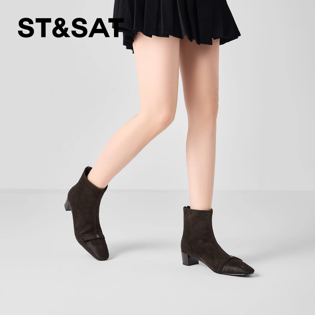 St&Sat/星期六黑色粗跟百搭方头时尚短靴秋冬气质星期六长筒女靴