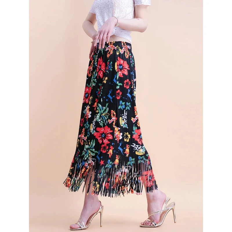 三宅半身裙流苏褶皱裙设计感复古印花裙子薄春夏高腰显瘦百褶裙女