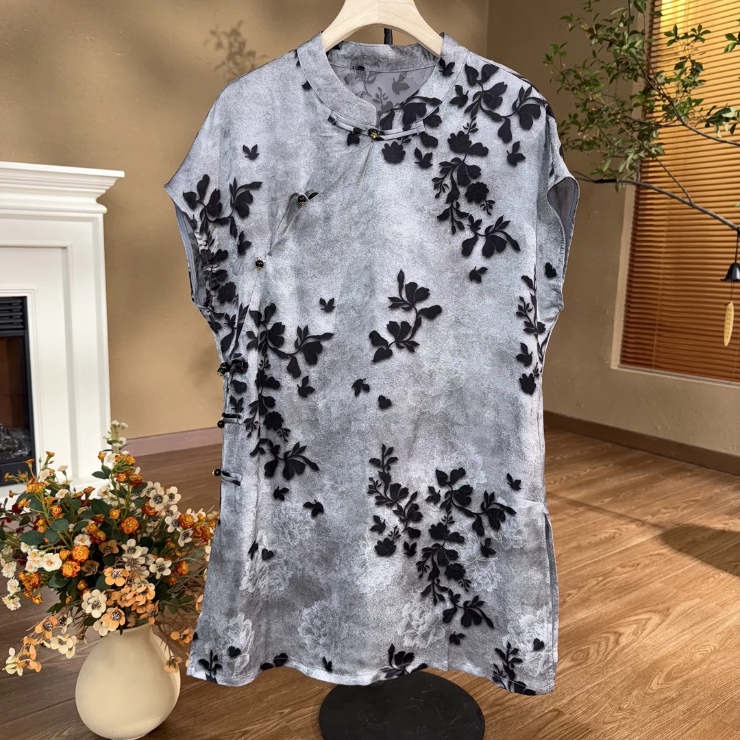 [逐风]Z327夏季长款显瘦时尚短旗袍气质休闲复古国风旗袍裙