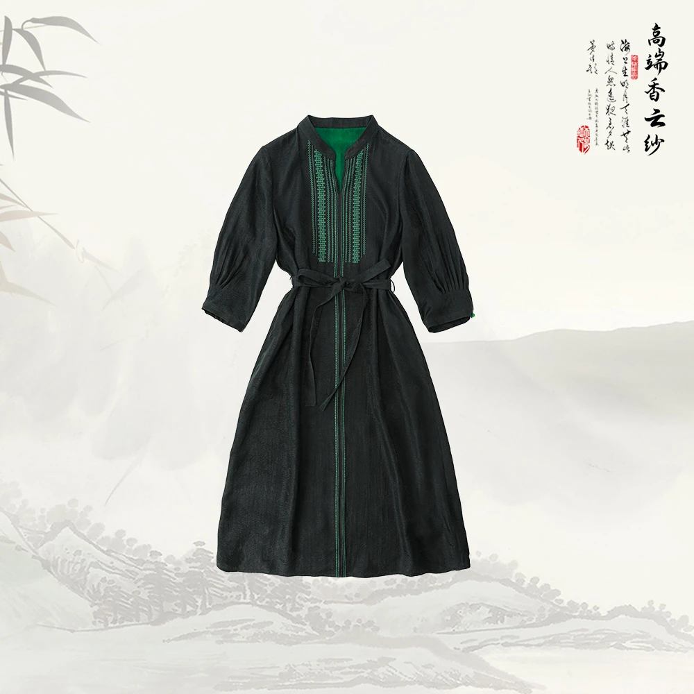 【周年庆】品牌新款香云纱高端气质立领宽松显瘦系带连衣裙529249