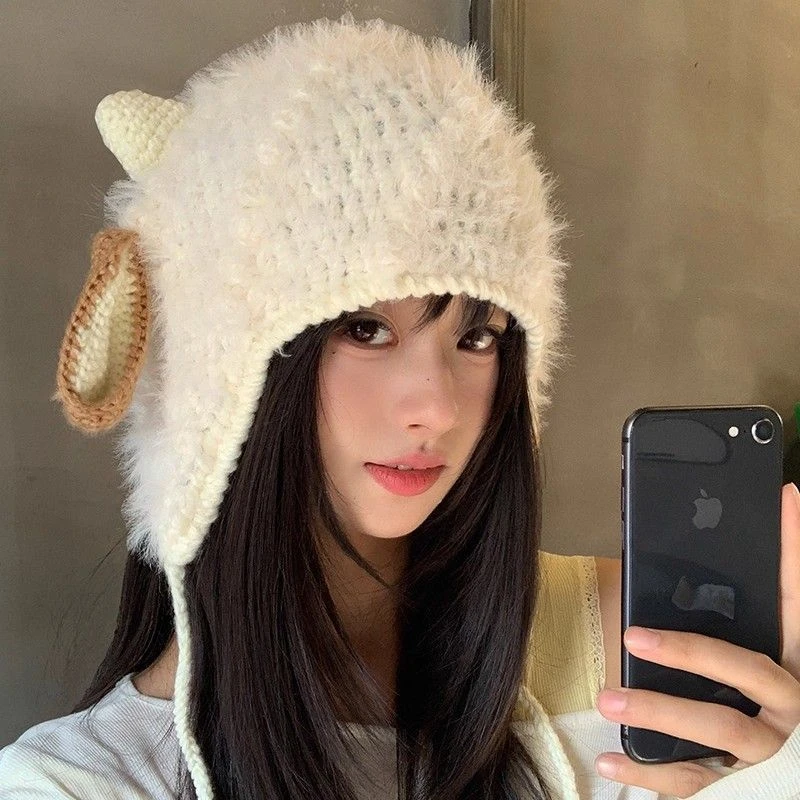 甜美小羊耳朵毛绒针织毛线帽女秋冬季保暖时尚百搭显脸小包头帽子