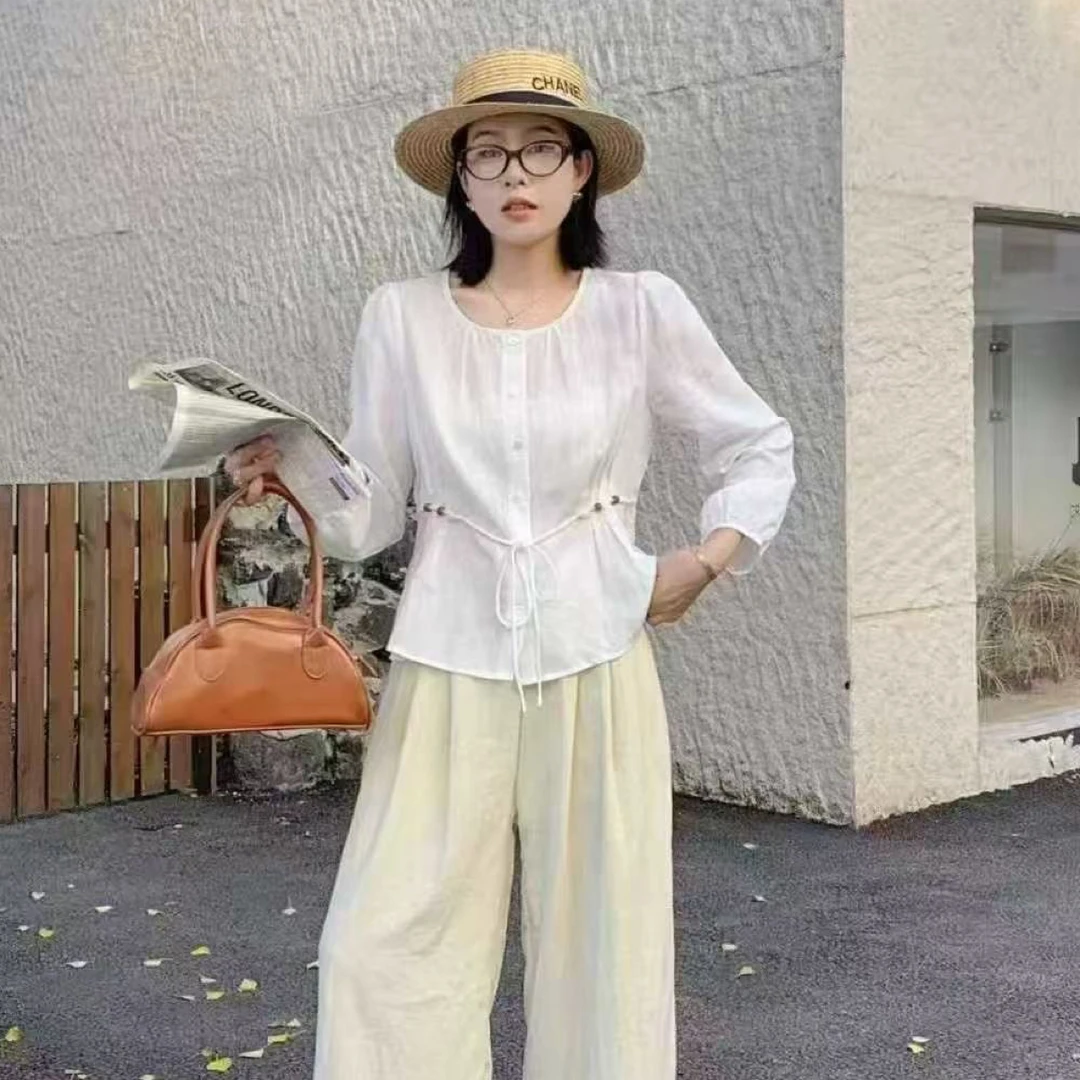 秋季新款韩版圆领收腰显瘦长袖衬衫女气质百搭短款上衣