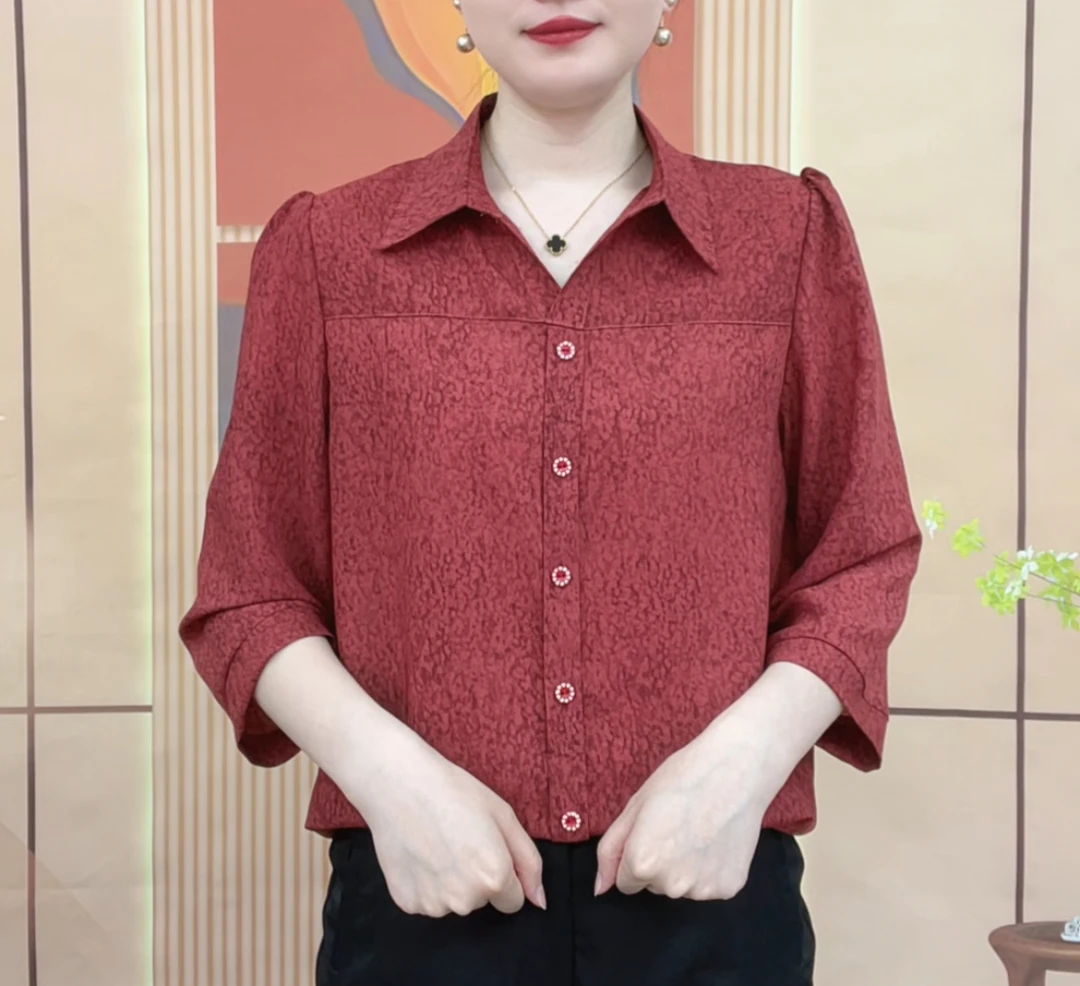 夏季上衣时尚新款妈妈翻领中老年气质宽松洋气休闲遮肚子显瘦衬衫