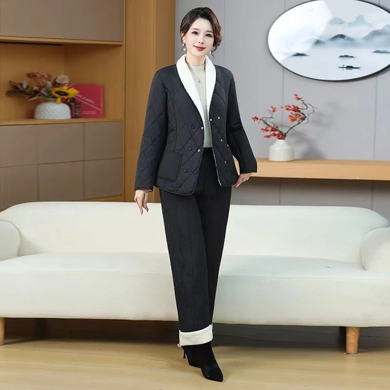 秋冬装大码轻薄棉衣外套胖mm宽松显瘦洋气时尚菱形棉服保暖套装女