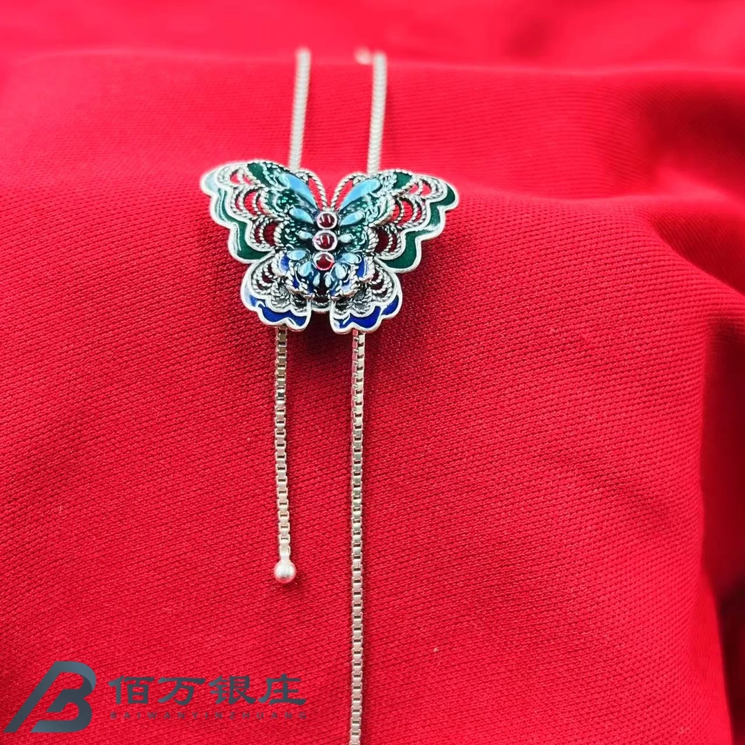 坠链均925银 【佰万银庄】S925灵蝶梦抽拉链可调节吊坠项链约10.22g
