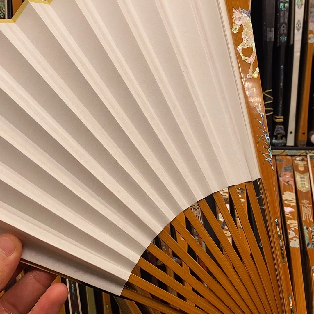 扇子《白马》老玉竹三合青螺钿