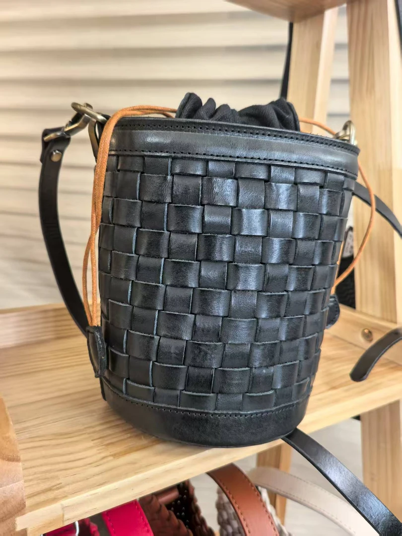 【进口牛皮】编织包包 牛皮编织手提包单肩包发财桶