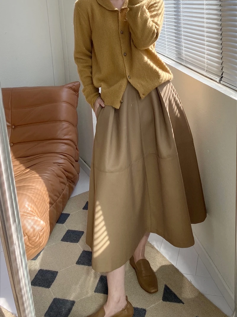 高腰A摆斜纹半身裙女早春加厚卡其色显瘦遮跨垂感赫本风欧货伞裙