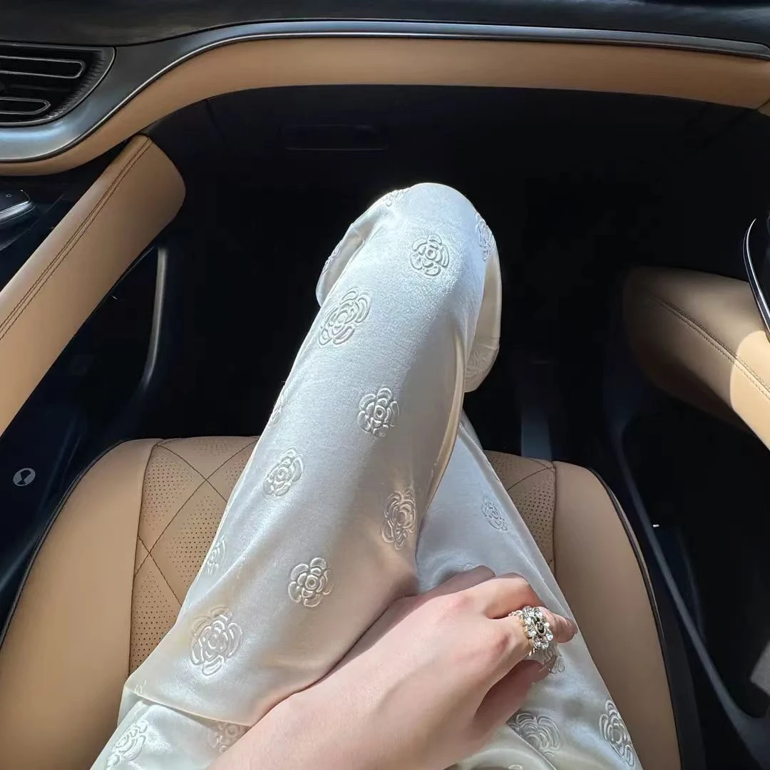 【山茶花】新中式女装夏季醋酸缎面阔腿裤玫瑰提花休闲裤直筒女裤