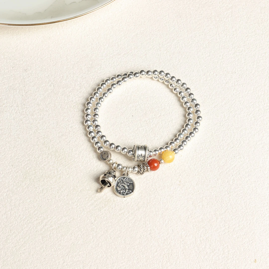 足银手链 设计款多圈安康招财猫百搭手链4mm