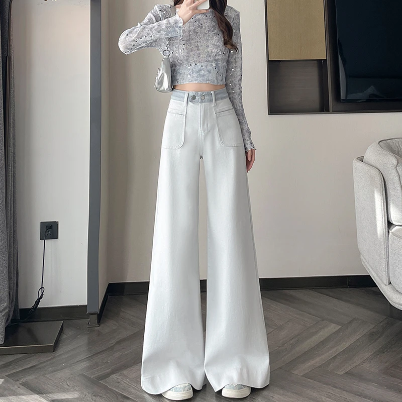 浅灰色弹力拼接阔腿牛仔裤女士2025秋季新款超火松弛风大喇叭裤子