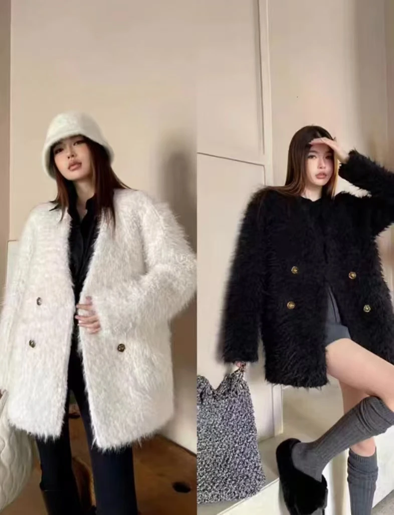 YR40依美丁时尚百搭气质金扣毛毛外套羽绒服