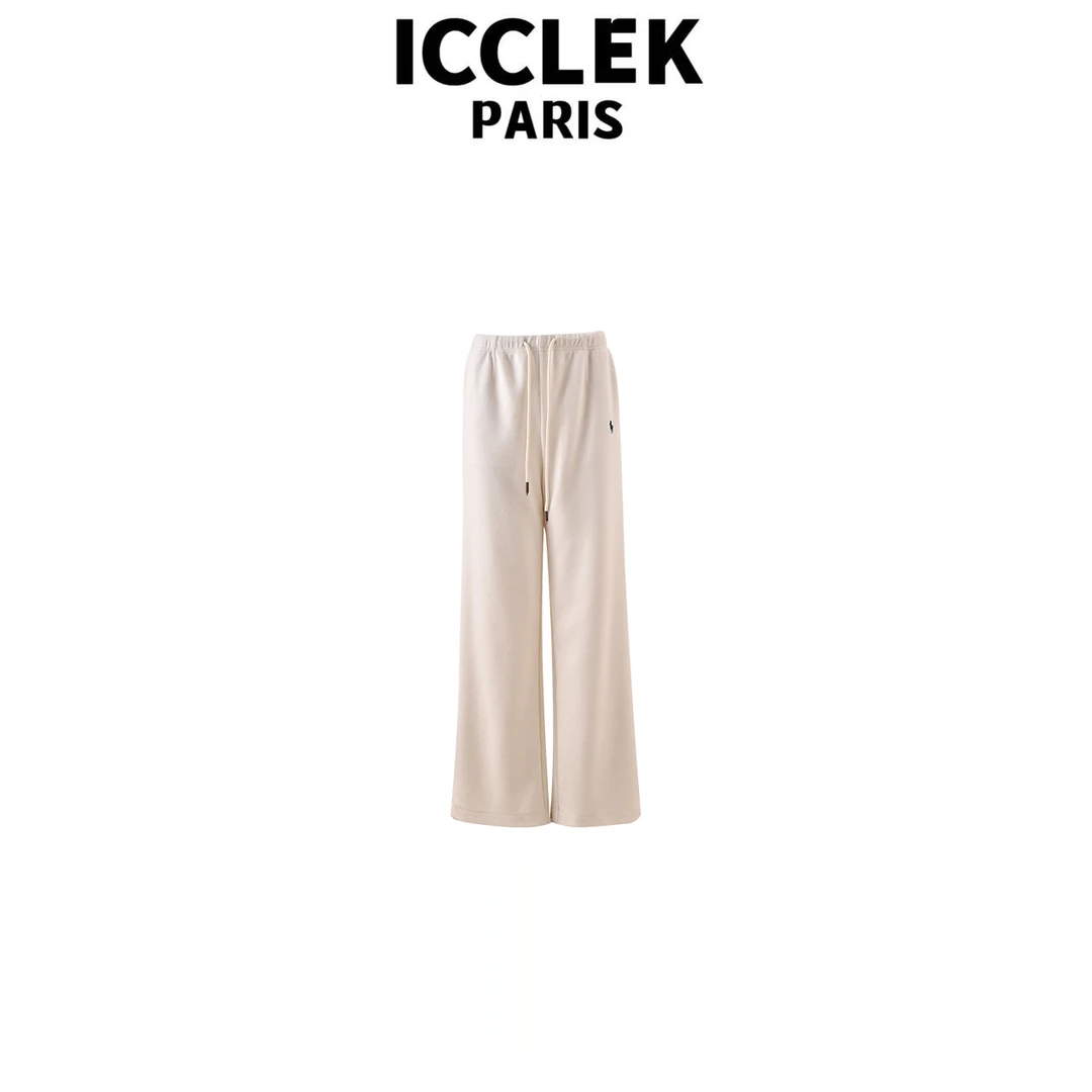 ICCLEK 设计师款白色加厚抽绳收腰裤子显瘦百搭显瘦阔腿裤 - 9215